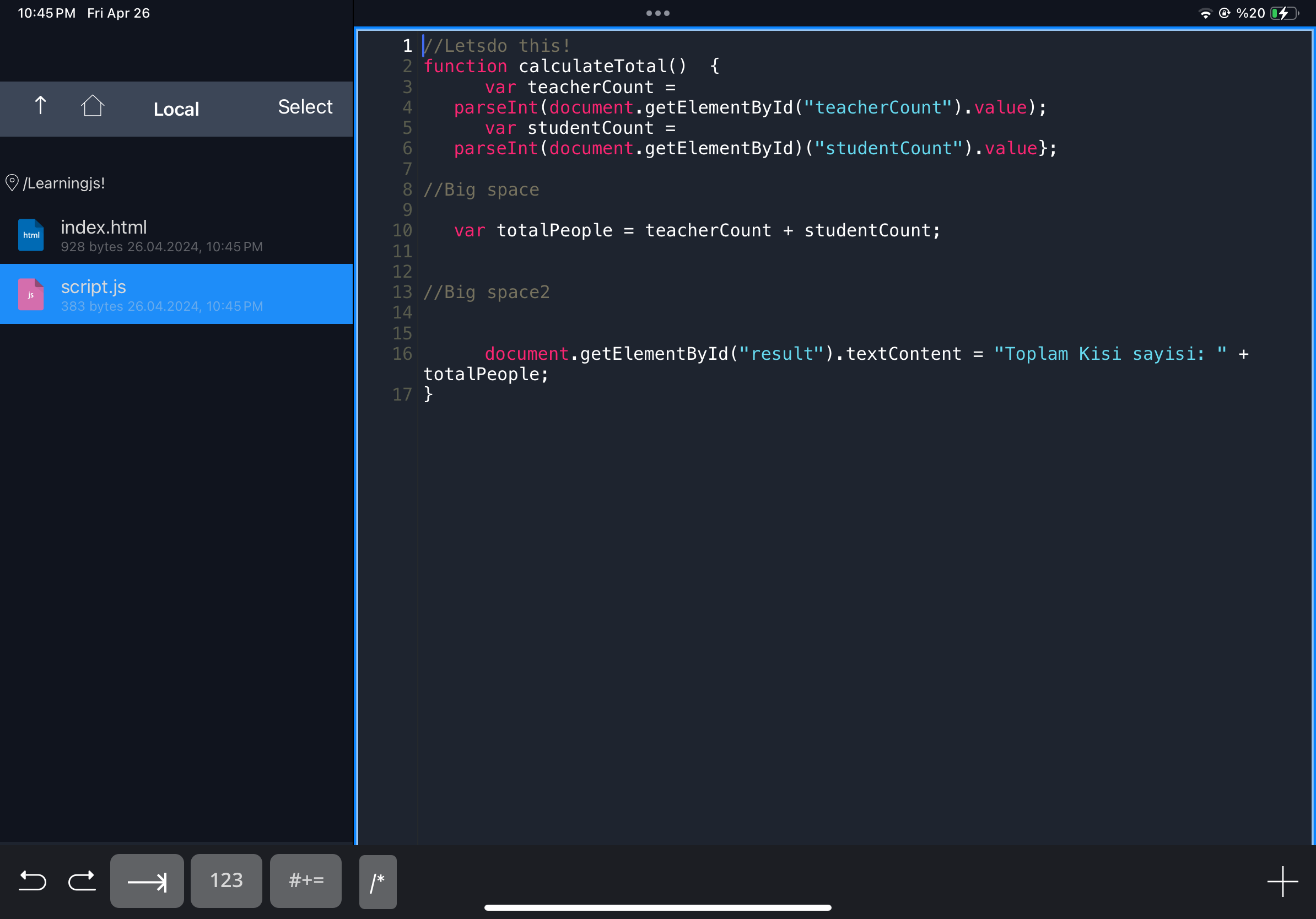 Kod Gosteris 2, Showing JavaScript code.